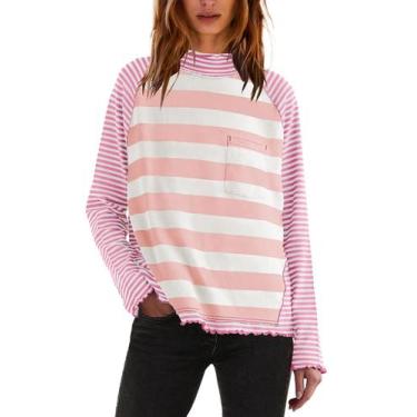 Imagem de Camisa feminina Panadila, manga comprida, listrada, gola alta, raglan