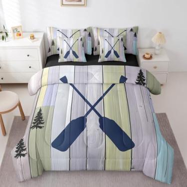 Imagem de Erosebridal Jogo de cama rústico com 7 peças, porta de celeiro antigo, conjunto de edredom completo com lençol para meninos e meninas, decoração de quarto de crianças, lago azul, remo e cama