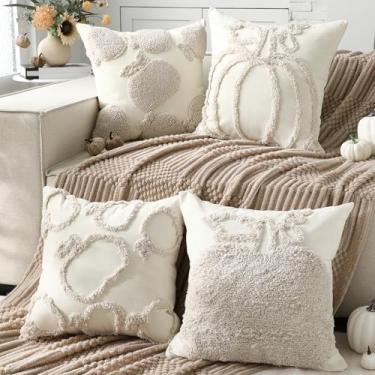 Imagem de HunnmingRe Conjunto de 4 peças de capas de travesseiro de abóbora de outono 45,7 x 45,7 cm branco crochê abóbora dia de ação de graças fronhas bordadas boho para outono colheita fazenda sofá decoração