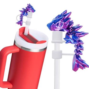 Imagem de Topo de palha de dragão para copos Stanley; tampas de palha de dragão compatíveis com Stanley copo de 30 e 1,134 g, reutilizável e topo de canudos de silicone (azul-roxo)