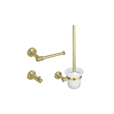Imagem de Suporte para toalhas de parede em aço inoxidável dourado escovado, suporte para papel higiênico, gancho para roupão, porta-copos, escova de vaso sanitário, acessórios para banheiro, conjunto com 3 pe