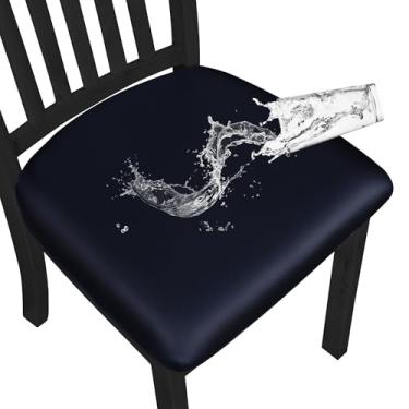 Imagem de Easy-Going Capas de assento de couro PU à prova d'água para cadeiras de sala de jantar, conjunto de 6, capas protetoras de assento de cadeira removíveis com elástico, azul-marinho