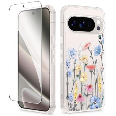 Imagem de GVIEWIN Capa para Google Pixel 10 Pro XL com protetor de tela, [proteção contra quedas de grau militar] Capa de telefone fina floral transparente não amarelada para mulheres 2025 6,8 polegadas