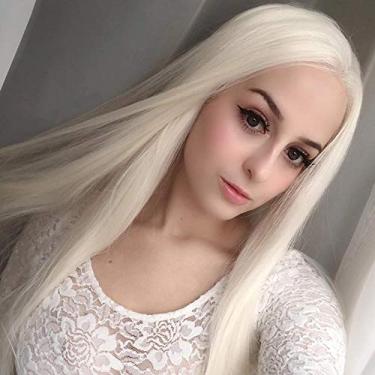 Imagem de Pkfinrd Perucas femininas europeias e americanas com tela frontal branca longa e cabelo liso conjunto de cabelo de fibra química