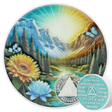 Imagem de Leafence Moeda AA Sobriedade Serenidade Oração Recuperação Chip Montanha e Natureza Design Medalhão AA Inspirador Sobriedade Token para Marcos de Recuperação (Daylight Mountain Sunrise, 4 Anos)