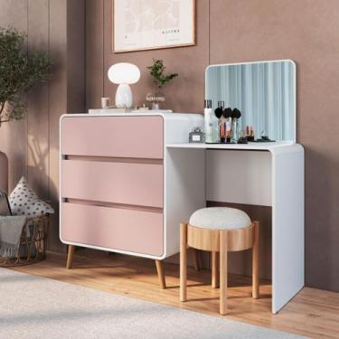 Imagem de Cômoda Penteadeira 3 Gavetas Curve Branco com Rosa Completa Móveis - D