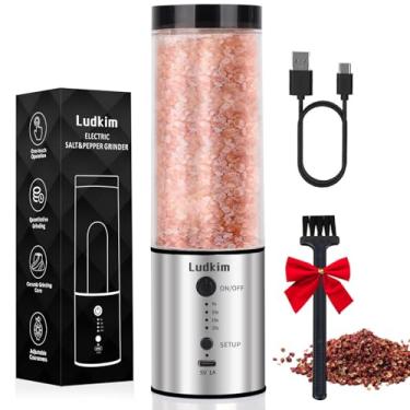 Imagem de Ludkim Moedor elétrico de pimenta e especiarias atualizado 2025 – Janela transparente extra grande de 240 ml, temporizador ajustável de 5 a 20s, recarregável por USB-C, moedor de cerâmica para sal