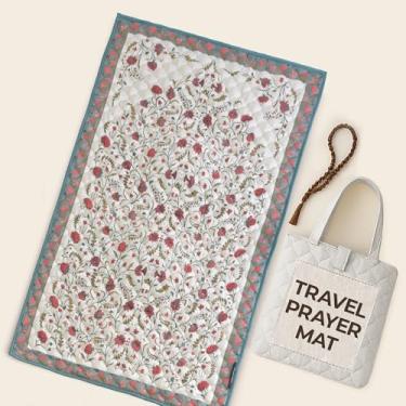 Imagem de Tapete islâmico para oração | dobrável, portátil, lavável na máquina, alça fácil de carregar | presente de Eid e Ramadã | confortável tapete de oração muçulmana com 100% algodão macio | Ótimo para viagens | Design: Samarkand |