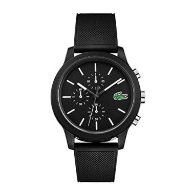 Imagem de Lacoste Relógio masculino 12.12 com cronógrafo de quartzo preto Tr90 com pulseira de borracha de silicone preta (modelo: 2010972), Preto, One size, Relógio de quartzo