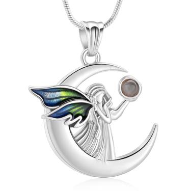 Imagem de AIWENXI Colares de urna de pedra da lua para mulheres e homens, pingente memorial de cremação em forma de anjo para cinzas de aço inoxidável com asas de arco-íris, Aço inoxidável, Sem Pedra Preciosa