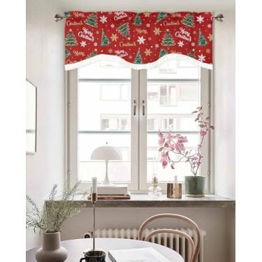 Imagem de Cortina de sanefa de janela com estrela de árvore de Natal para janelas de cozinha, saia recortada com borla, flocos de neve de inverno em cortinas curtas vermelhas sanefas de bolso de haste para