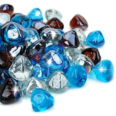 Imagem de Diamantes de vidro de fogo mistos Mr. Fireglass de 4,5 kg para lareira e lareira – Pedras de fogo de alto brilho de 2,5 cm com cores mistas (azul Caribe + gelo cristal + âmbar)