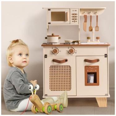 Imagem de Cozinha Educativa de Brinquedo ROBUD Kids, Modelo Mocha Montessori em Madeira com Dispensador de Gelo, Acessórios para Crianças de 3 a 8