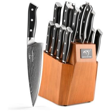 Imagem de Conjunto de Facas com Bloco de Bancada com Afiador Embutido e Cabo Ergonômico, 18 Peças, NANFANG BROTHERS, Preto