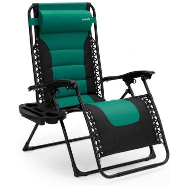 Imagem de Cadeira Reclinável Ajustável Gravidade Zero com Mesa Lateral, Almofada Removível e Porta Copos, SereneLife, Verde e Preto