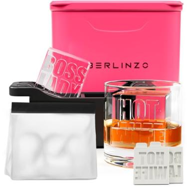 Imagem de Molde Berlinzo premium grande para fazer 2 cubos de gelo transparentes de 5 cm para uísque e coquetéis – Remoção fácil – Bolsa de armazenamento e inserções de silicone incluídos, rosa (hibiscus)