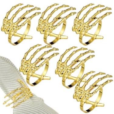 Imagem de Hemoton 6 peças de anéis de guardanapo de Halloween esqueleto ossos de mão metal guardanapo fivela suportes de guardanapo artigos de festa de Halloween decoração de mesa de jantar (dourado)