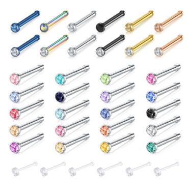 Imagem de Zolure 18G 20G 22G Parafusos de nariz de osso Parafusos de aço cirúrgico joia de piercing corporal para mulheres e homens, Aço inoxidável, aço, pedra, diamante, Zircônia cúbica