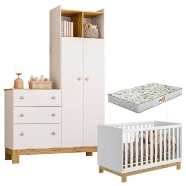 Imagem de Berço Americano 4315 Mini Cama e Guarda Roupa com Cômoda Q Encanto Slim 4970 Branco Acetinado com Colchão Gazin – Qmovi