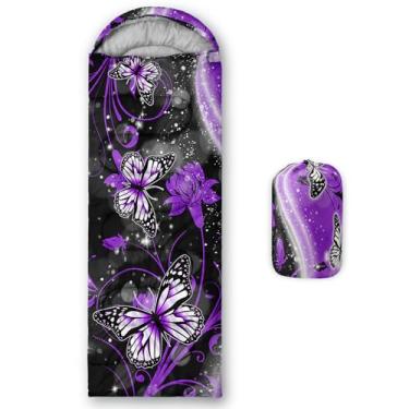 Imagem de QOOMO Sacos de dormir impermeáveis com flor de borboleta roxa para adultos e crianças, sacos de dormir estampados para acampamento, clima quente e frio, leve, viagem e ao ar livre, equipamentos de