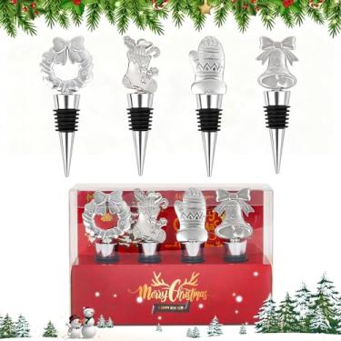 Imagem de Conjunto de 4 peças de rolhas de garrafa de vinho de Natal para decoração de férias, lembrancinhas de festa de Natal para decoração de inverno, rolha de vinho de Natal, presente para lembrança de