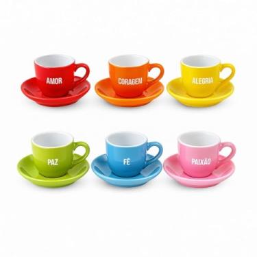 Imagem de Conjunto de 6 Xícaras com Pires em Cerâmica Premium, Frases Inspiradoras, Coloridas, para Café e Chá