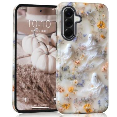 Imagem de Mainrenka Capa fantasma de Halloween para Samsung Galaxy A56 5G, capa protetora de design à prova de choque com estampa de flor fofa e caveira híbrida de 2 camadas