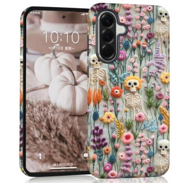 Imagem de Mainrenka Capa de caveira de Halloween para Samsung Galaxy A56 5G, capa protetora de esqueleto de flor fofa estética híbrida de 2 camadas com design à prova de choque