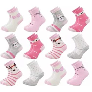 Imagem de Kit 12 Pares Meia Infantil Menina Estampas Com desenhos Divertidos Con