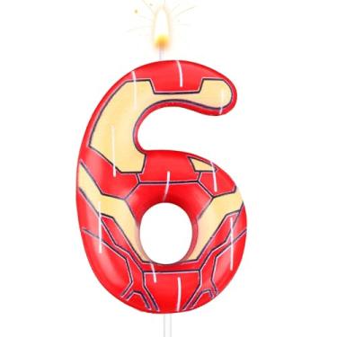 Imagem de Vela número mecha amarelo vermelho, velas mecânicas de aniversário com número temático de desenho animado decoração de topo de bolo com padrão de textura de metal para meninos meninas crianças festa