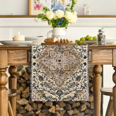 Imagem de Caminho de mesa em estilo boêmio azul escuro, casa de fazenda rústica rústica mágica Halloween cozinha decoração de mesa de jantar para decoração de festa em casa 33 x 182 centímetros