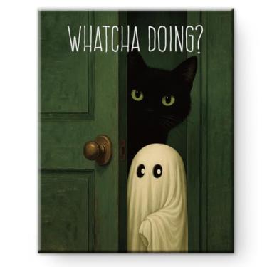 Imagem de Arte engraçada de parede de banheiro de gato e fantasma - decoração de parede de banheiro de Halloween fofa - Whatcha Doing Arte engraçada de gato vintage para banheiro tela emoldurada 20 x 25 cm