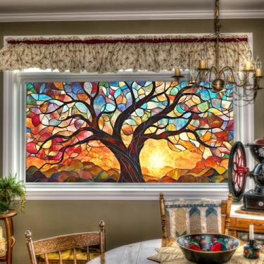 Imagem de HOMETITUTE Árvore da Vida Película para Janela 100 x 44 cm Estilo Vitral Decorativa Privacidade Estática Capa Aderente para Sala de Estar Quarto Escritório