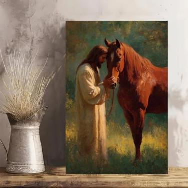 Imagem de Arte de parede em tela rústica vintage Jesus com cavalo - Pôster sem moldura de 30 x 45 cm - Decoração de casa e escritório para sala de estar, quarto, cozinha e café