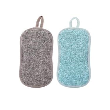 Imagem de Pacote com 2 esponjas de prato de cozinha para lavar pratos, para todos os fins, sem arranhões, laterais ásperas para panelas antiaderentes, lado esfoliante de microfibra macia para pratos, azul +