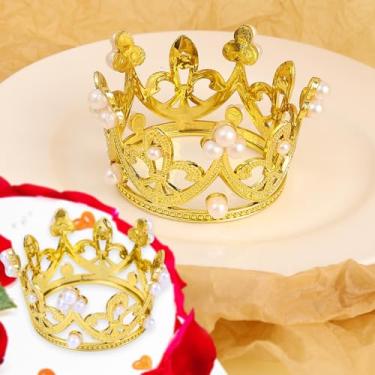 Imagem de Mini Coroas Brithday de 2 peças - pérolas de strass, coroas redondas de princesa para casamento, decoração temática real, festa de aniversário (ouro, 5,5 x 3,5 cm)