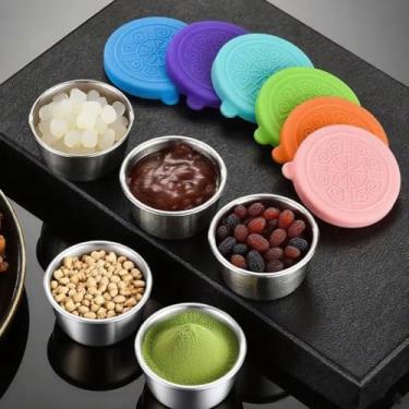 Imagem de 6 recipientes de condimentos de 6 cores com tampas - copos de molho de aço inoxidável de 47 g para molho de salada e almoço