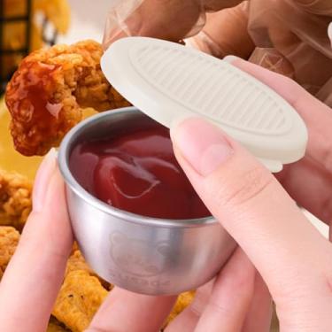 Imagem de Copos de molho de salada de aço inoxidável de 68 g com tampas à prova de vazamento, recipientes de molho reutilizáveis para lancheira, viagem, piqueniques e armazenamento de cozinha (bege, 6 x 6 x 3,5