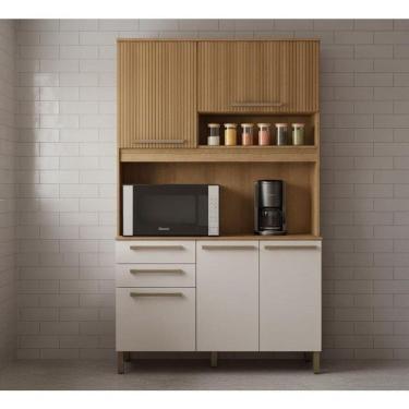 Imagem de Armário De Cozinha Ripado Completo Kit Compacto Com Balcão - Mel Ripado/arenas
