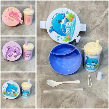 Imagem de Kit Lancheira Marmita com Talher + Copo infantil Golfinho e Sereia - D