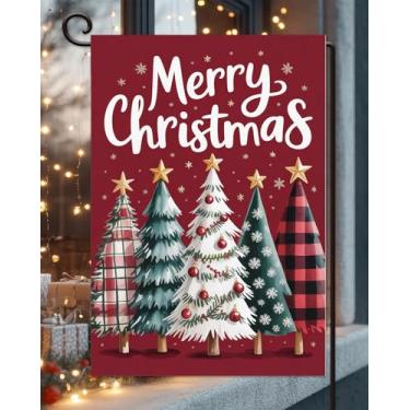 Imagem de Bandeira de jardim de Natal 30 x 45 cm vertical dupla face externa, árvores de Natal de inverno floco de neve vermelho quintal gramado decoração ao ar livre bandeira