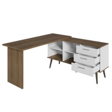 Imagem de Mesa Escritório Canto 3 Gavetas Branco/Rustic - Escrivaninha Home Office Lisboa com 4 Posições de Montagem e Nichos(Branco/Rustic)