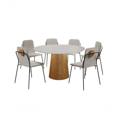 Imagem de Conjunto De Jantar Florença Com 6 Cadeiras Com Detalhe Em Madeira Base Paris Bm Tubulares Off White-tecido 502