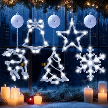 Imagem de 5 peças de decorações de luzes de Natal, decorações de Natal para janela com ventosa, sino, rena, floco de neve, estrela com função de temporizador, para janelas, paredes de vidro, árvores de Natal