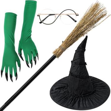 Imagem de DANHMAO O conjunto de fantasia de bruxa má de Halloween inclui chapéu de bruxa, vassoura, luvas e óculos de garra verde, acessórios para fantasias de Halloween para mulheres, cosplay e diversão em