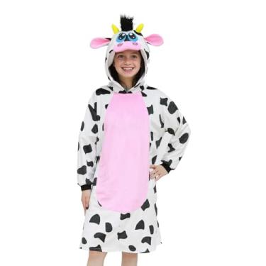Imagem de ROC PARTY Vestido com capuz de animal divertido para crianças de 4 a 12 anos com capuz para cosplay de Halloween, festas e fantasia de inverno (vaca, P (4-6 anos))