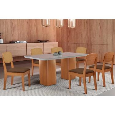 Imagem de Sala Jantar Mesa Maldivas Curvo 180cm + 6 Cadeiras Havana Naturale/Off White - Suede Marrom - Rufato