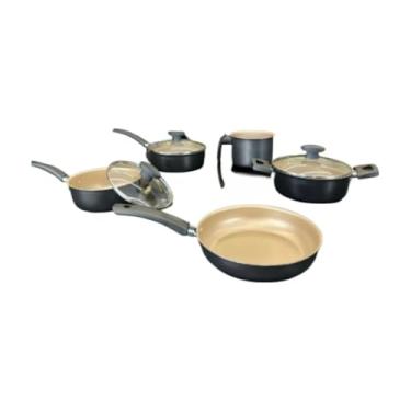 Imagem de Conjunto de Panela de Pressão Antiaderente Revestida com Teflon de 8 PeçAs com Tampa e Vidro Para Uso DoméStico FáCil de Limpar e DuráVel(Preto e Bege)