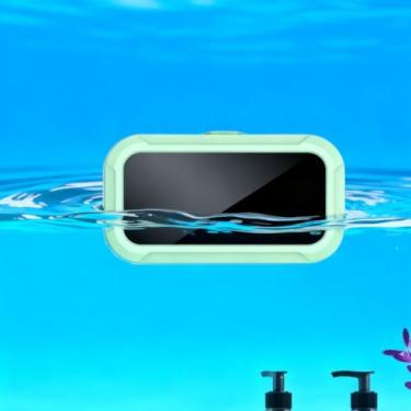 Imagem de Capa de telefone impermeável verde menta para chuveiro, suporte de telefone dobrável para tela sensível ao toque com rotação de 360°, caixa protetora Aqua Play montável na parede