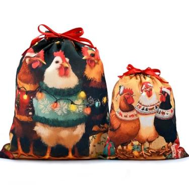 Imagem de Mshutbna Sacos de presente de Natal Rooster 2 peças sacos de embrulho de tecido reutilizável com cordão para presentes de Natal, decorações de festa, lembrancinhas de feriado 40 x 30 x 25 cm